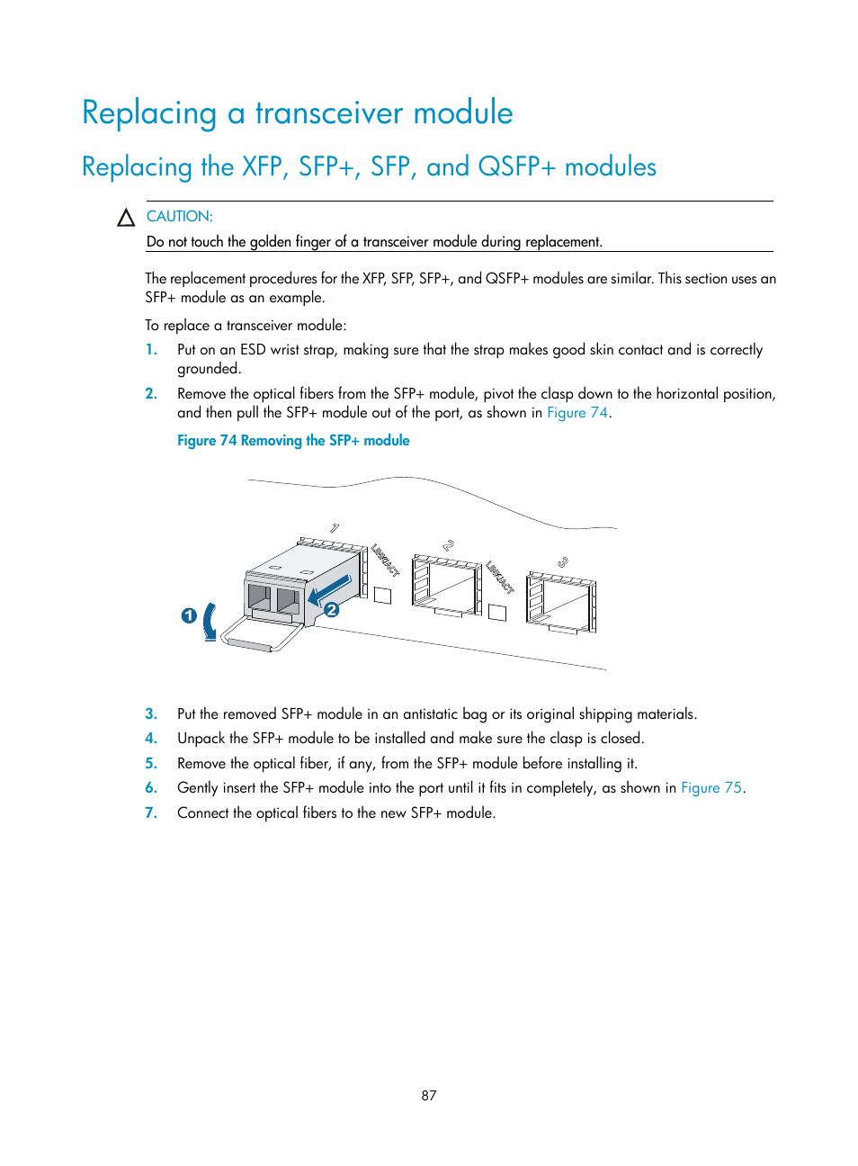 Replacing a transceiver module, Replacing the xfp, sfp+, sfp, and qsfp+ modules | H3C Technologies H3C S12500 Series Switches User Manual | Page 97 / 163