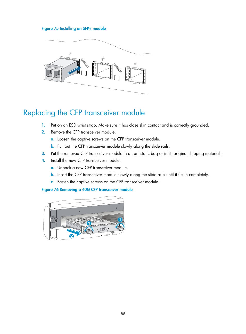 Replacing the cfp transceiver module | H3C Technologies H3C S12500 Series Switches User Manual | Page 98 / 163