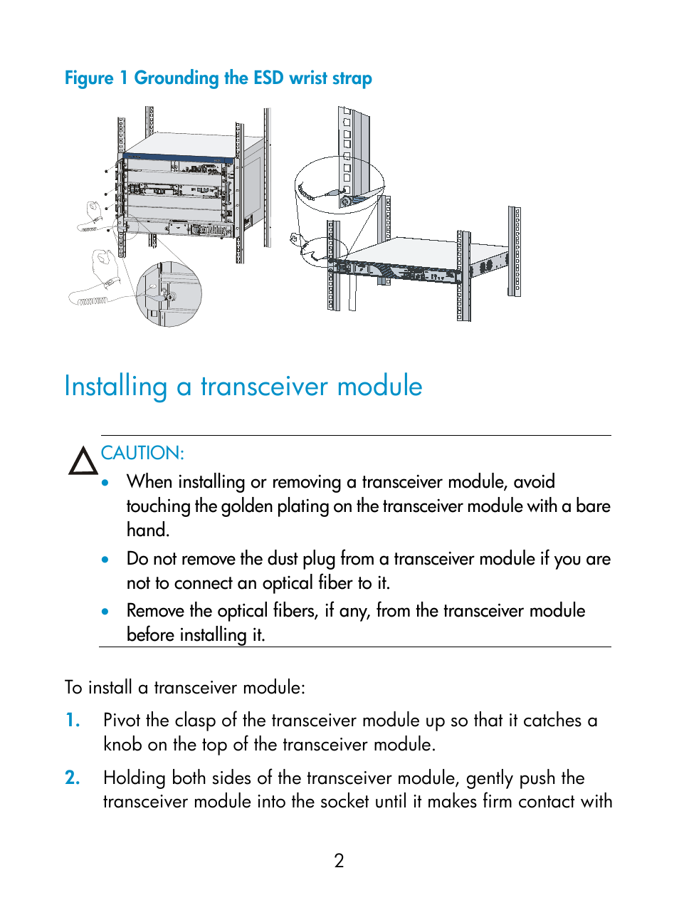 Installing a transceiver module, Figure 1 | H3C Technologies H3C S12500 Series Switches User Manual | Page 2 / 8