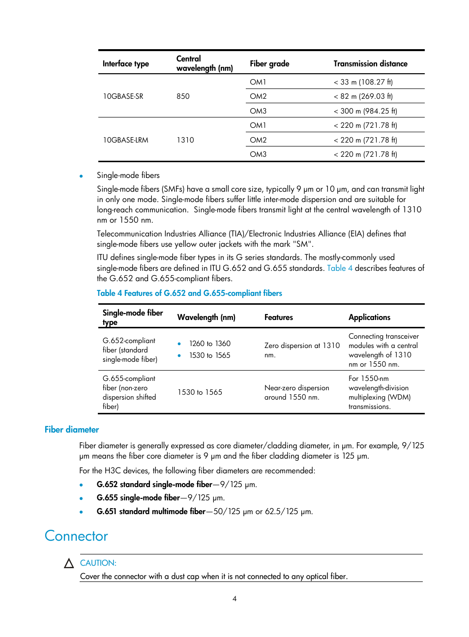 Fiber diameter, Connector | H3C Technologies H3C S12500 Series Switches User Manual | Page 10 / 42