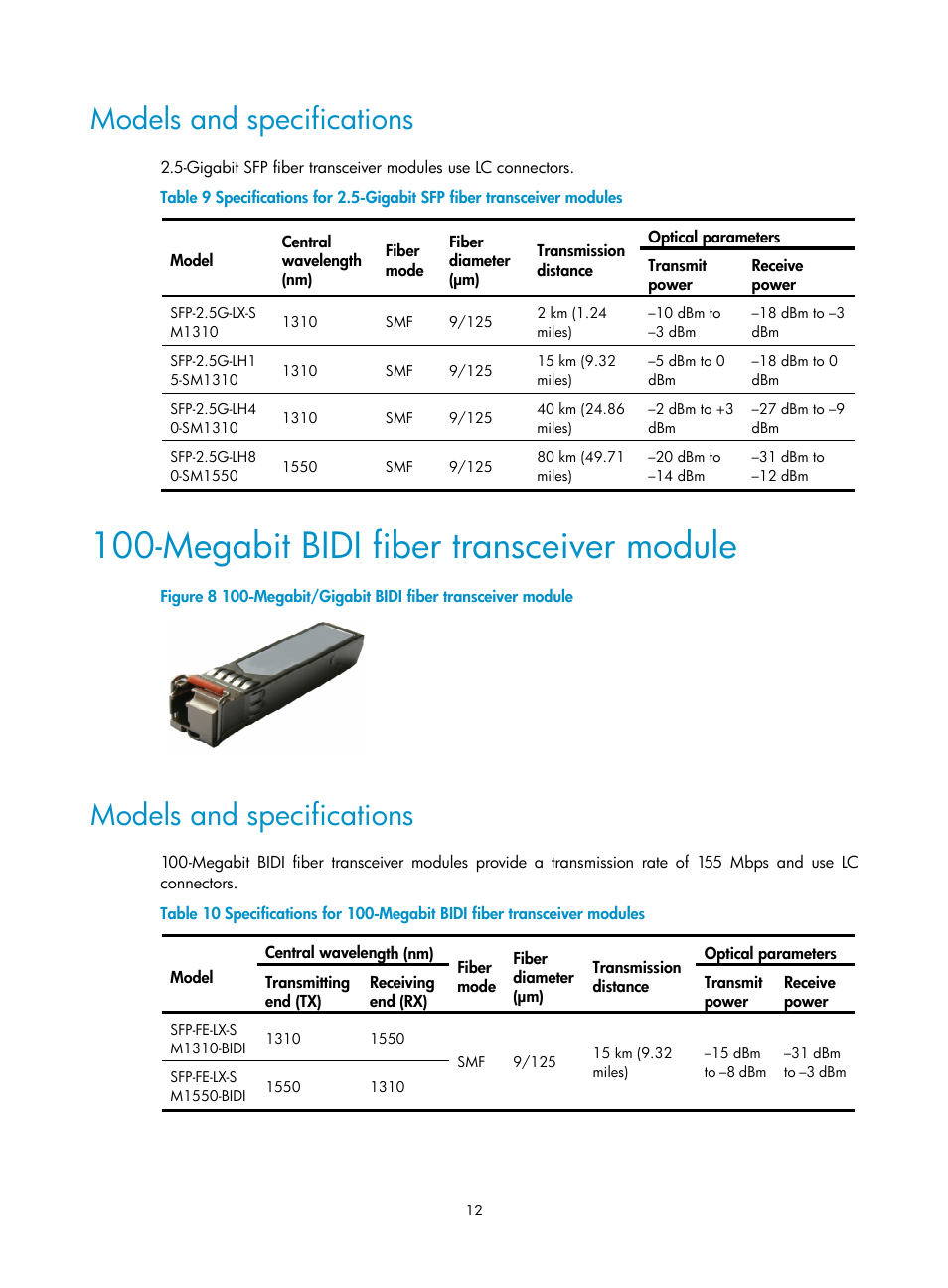 Models and specifications, Megabit bidi fiber transceiver module | H3C Technologies H3C S12500 Series Switches User Manual | Page 18 / 42