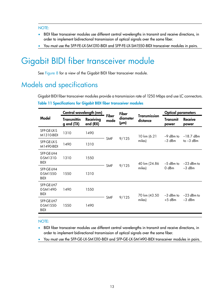 Gigabit bidi fiber transceiver module, Models and specifications | H3C Technologies H3C S12500 Series Switches User Manual | Page 19 / 42