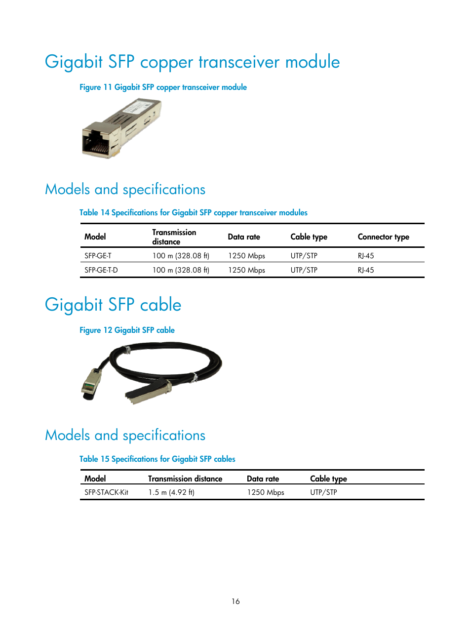 Gigabit sfp copper transceiver module, Models and specifications, Gigabit sfp cable | H3C Technologies H3C S12500 Series Switches User Manual | Page 22 / 42