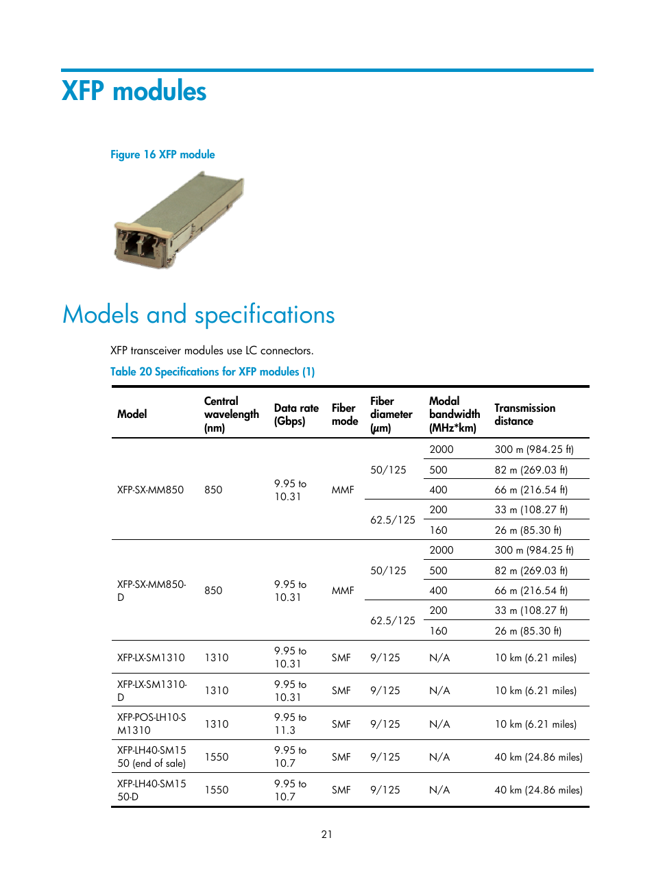 Xfp modules, Models and specifications | H3C Technologies H3C S12500 Series Switches User Manual | Page 27 / 42