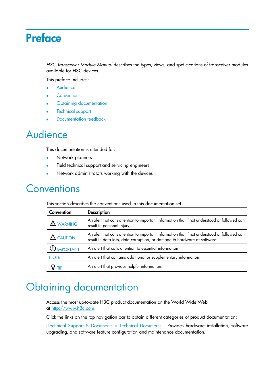 Preface, Audience, Conventions | Obtaining documentation | H3C Technologies H3C S12500 Series Switches User Manual | Page 3 / 42