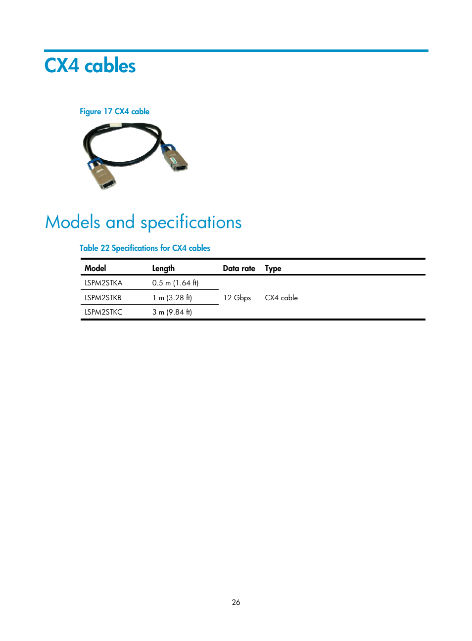 Cx4 cables, Models and specifications | H3C Technologies H3C S12500 Series Switches User Manual | Page 32 / 42