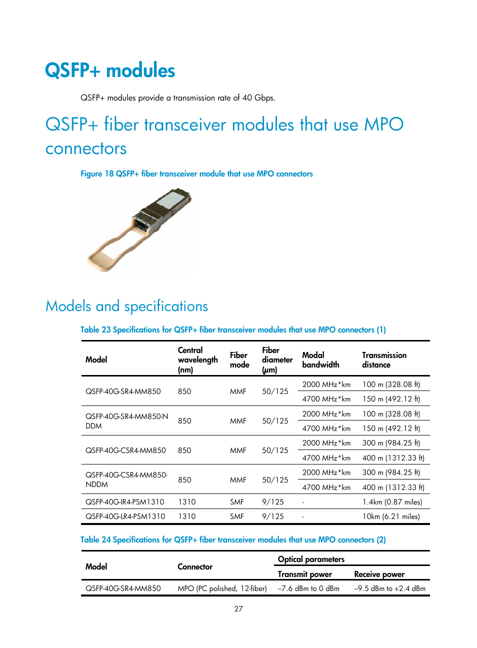 Qsfp+ modules, Models and specifications | H3C Technologies H3C S12500 Series Switches User Manual | Page 33 / 42