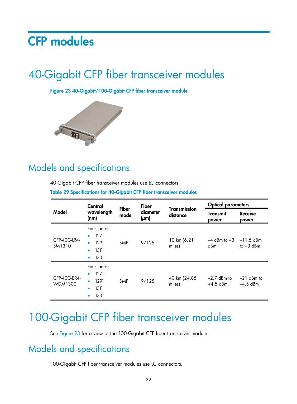 Cfp modules, Gigabit cfp fiber transceiver modules, Models and specifications | H3C Technologies H3C S12500 Series Switches User Manual | Page 38 / 42