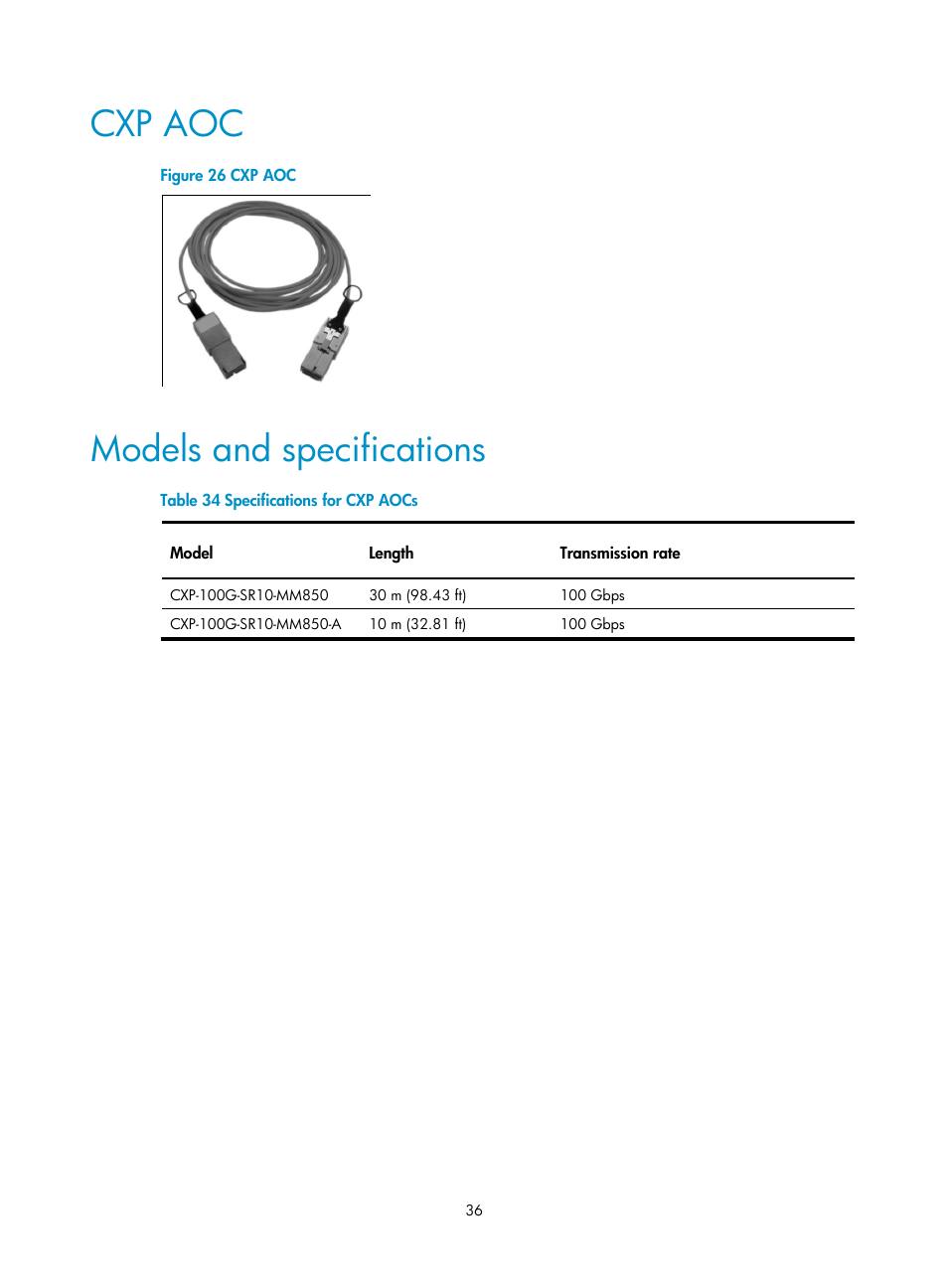 Cxp aoc, Models and specifications | H3C Technologies H3C S12500 Series Switches User Manual | Page 42 / 42