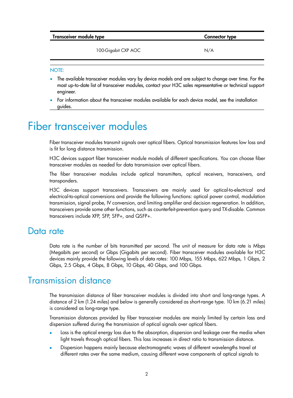 Fiber transceiver modules, Data rate, Transmission distance | H3C Technologies H3C S12500 Series Switches User Manual | Page 8 / 42