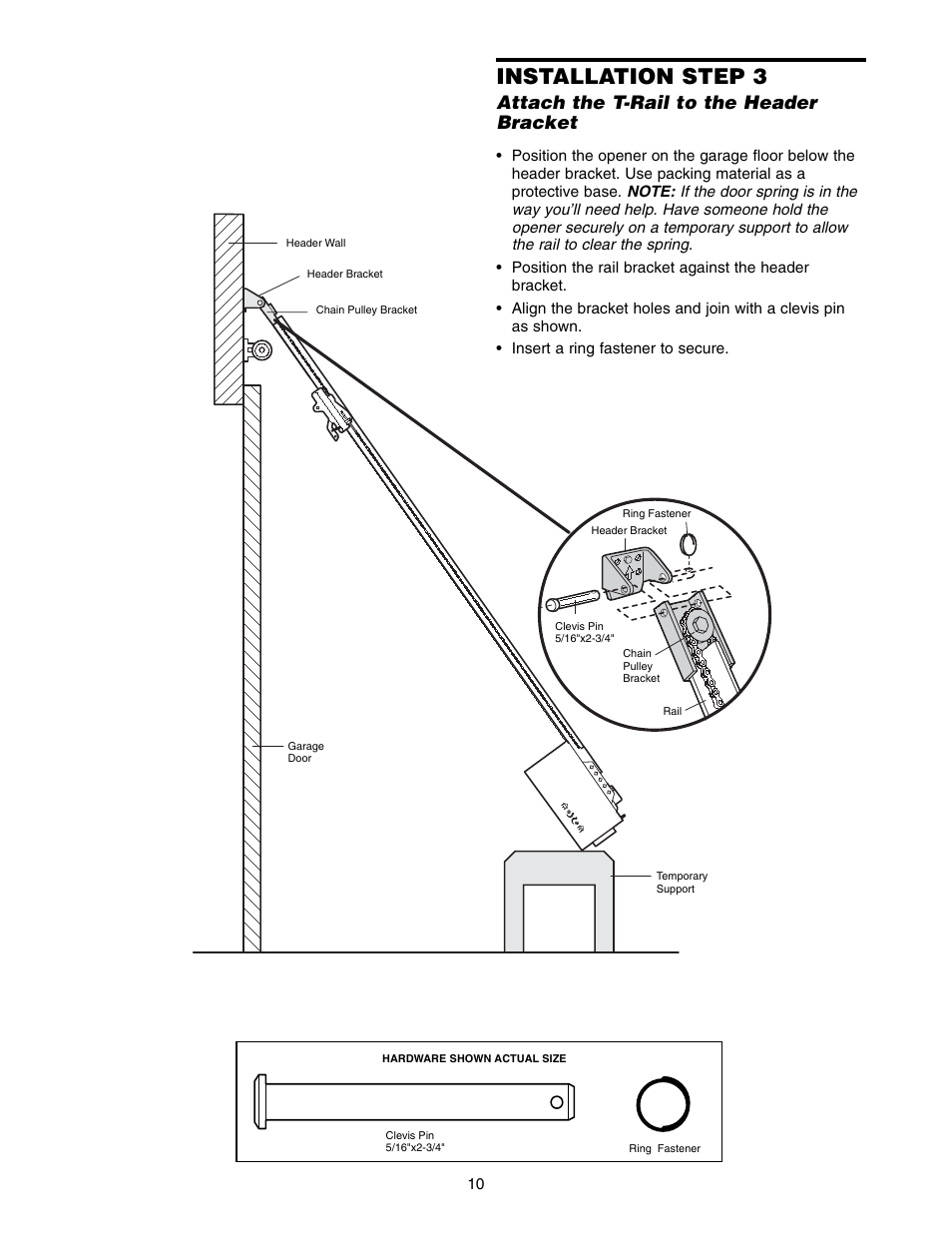 Installation step 3, Attach the t-rail to the header bracket | Chamberlain 1255-2R User Manual | Page 10 / 36