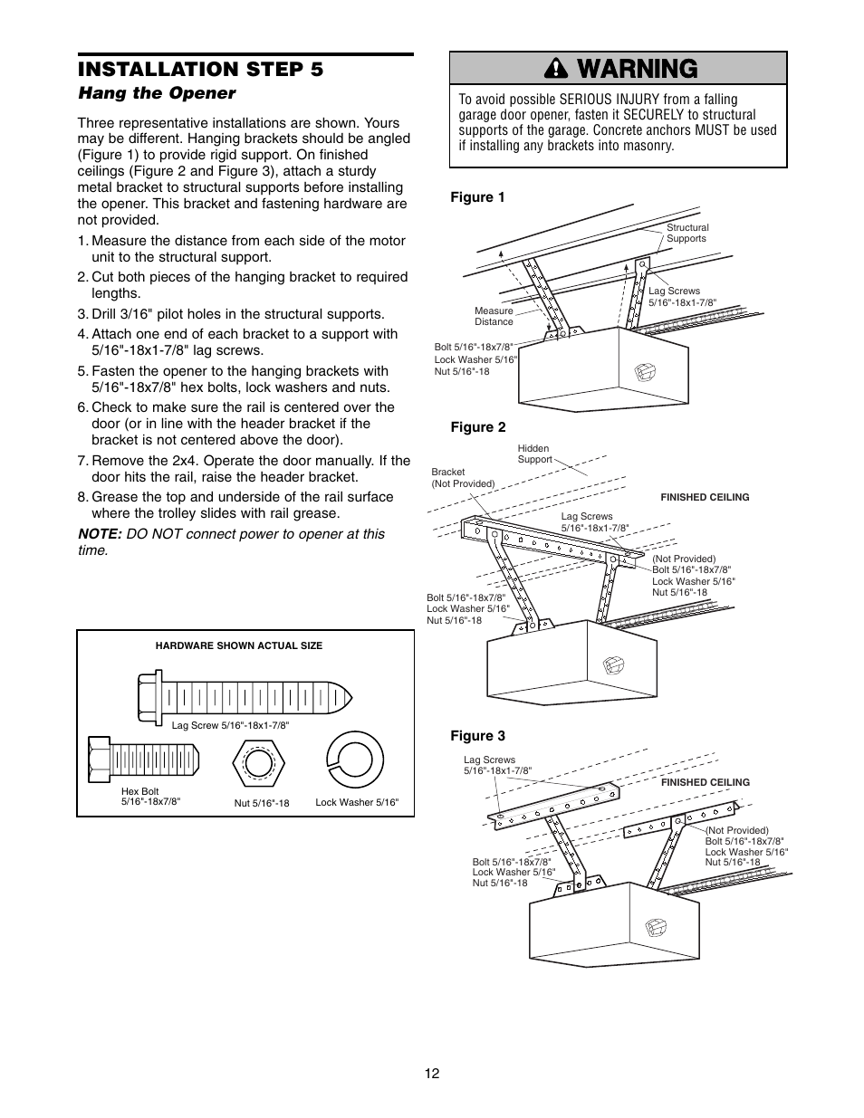 Installation step 5 hang the opener, Warning caution warning warning, Installation step 5 | Hang the opener | Chamberlain 1255-2R User Manual | Page 12 / 36