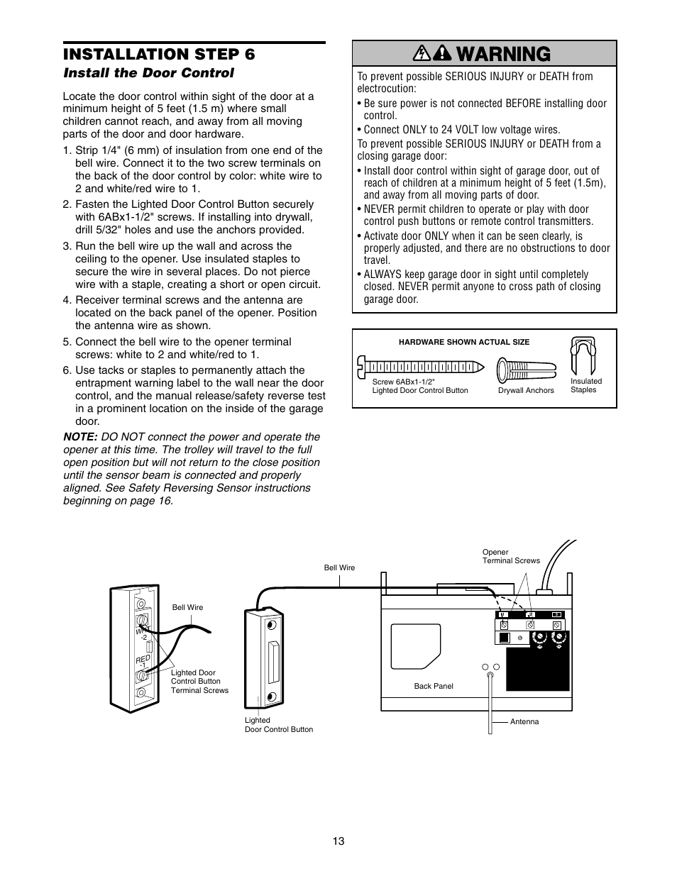 Installation step 6 install the door control, Warning caution warning warning, Installation step 6 | Install the door control | Chamberlain 1255-2R User Manual | Page 13 / 36