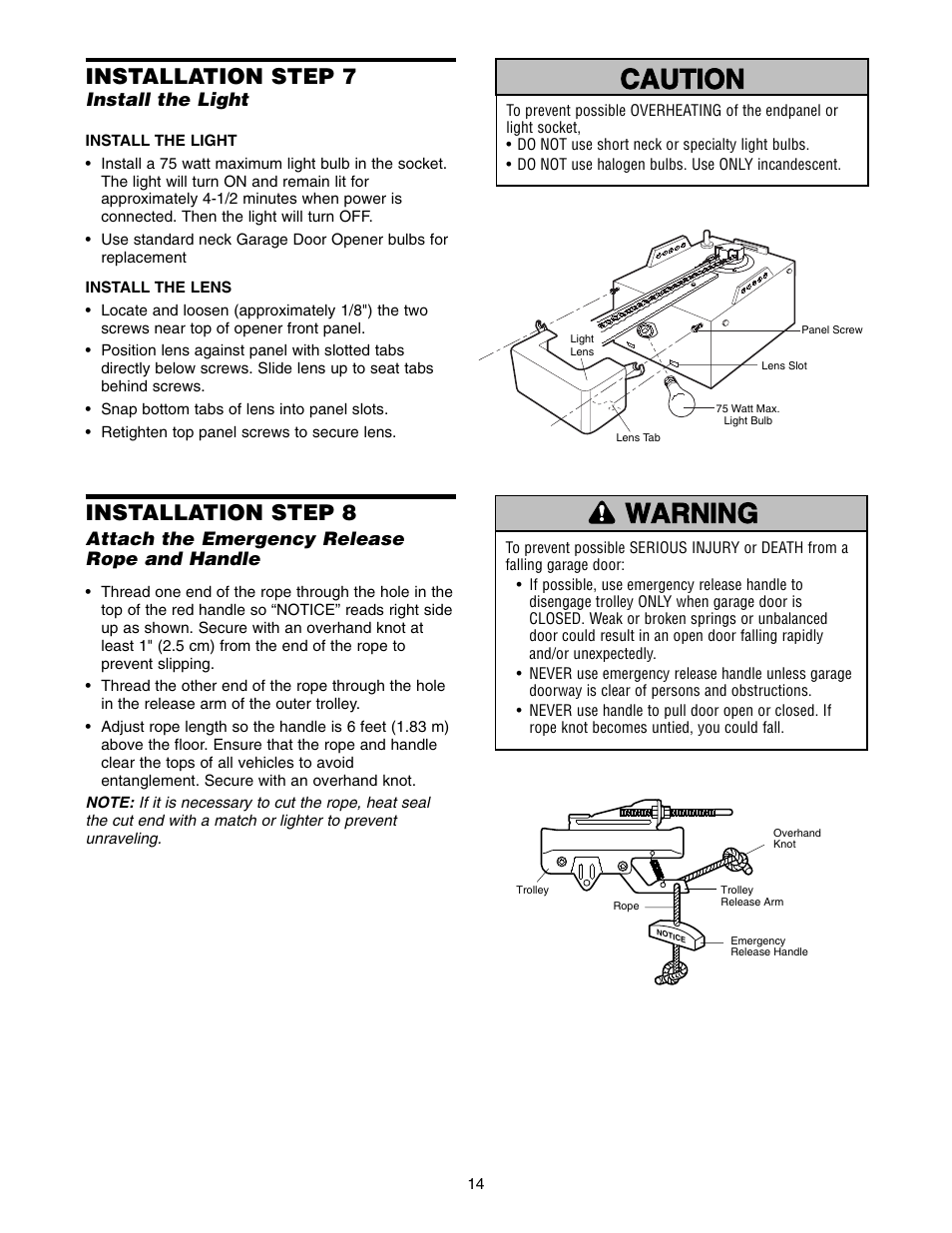 Installation step 7 install the light, Warning caution warning warning, Installation step 8 | Installation step 7 | Chamberlain 1255-2R User Manual | Page 14 / 36