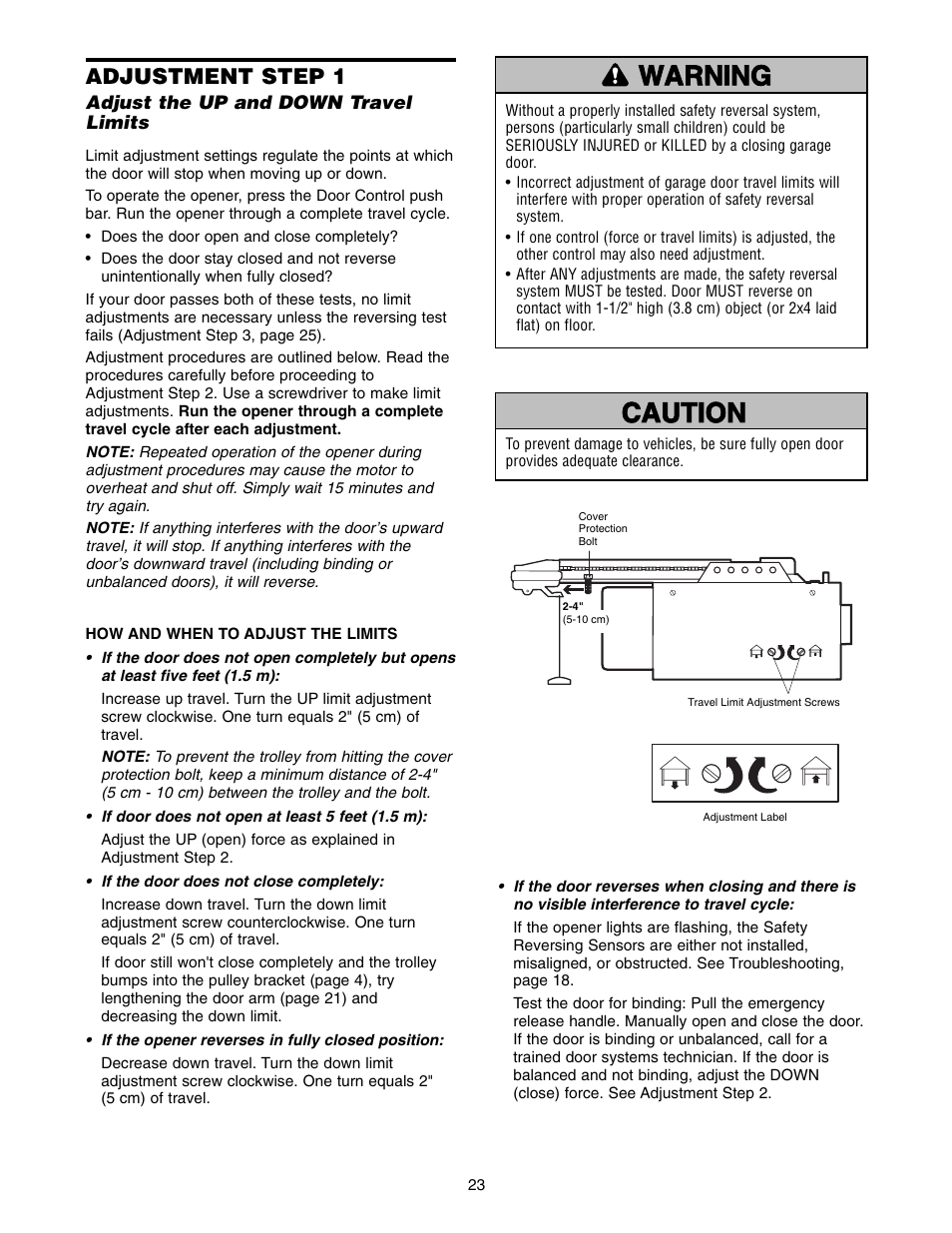 Adjustment, Warning caution warning warning, Adjustment step 1 | Chamberlain 1255-2R User Manual | Page 23 / 36