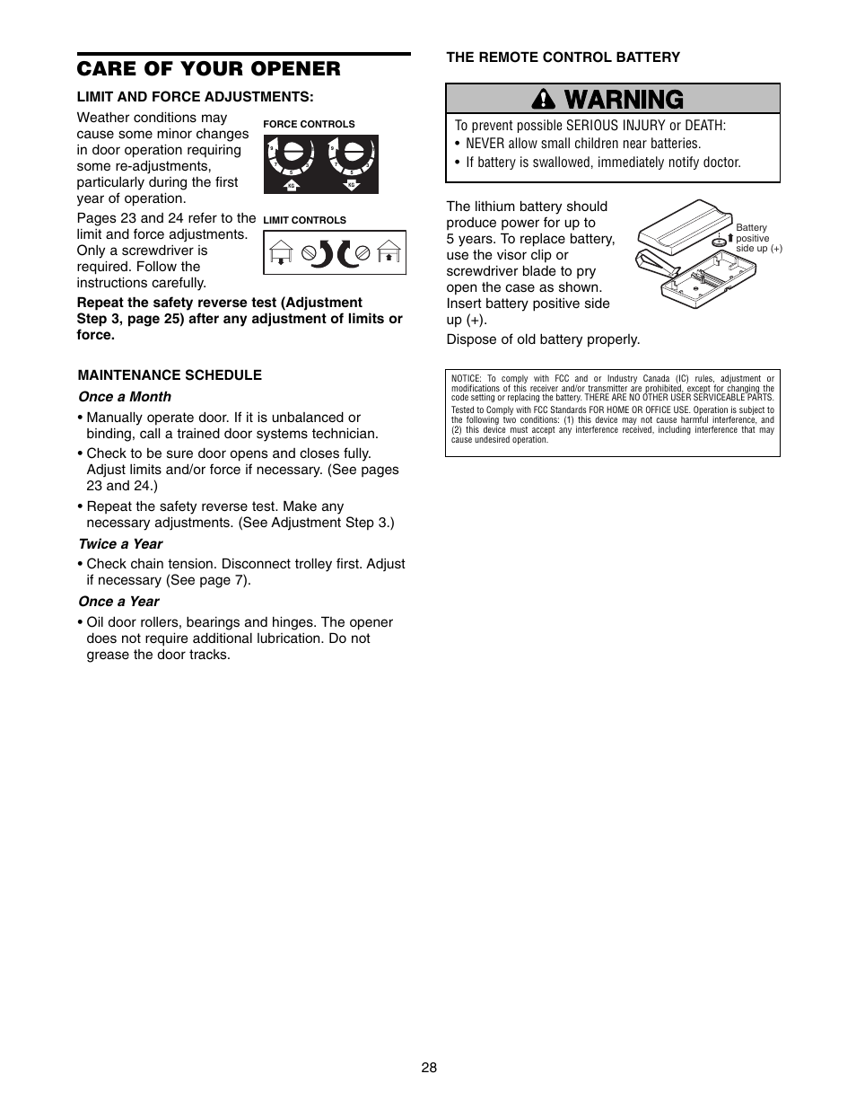 Care of your opener, Warning caution warning warning | Chamberlain 1255-2R User Manual | Page 28 / 36