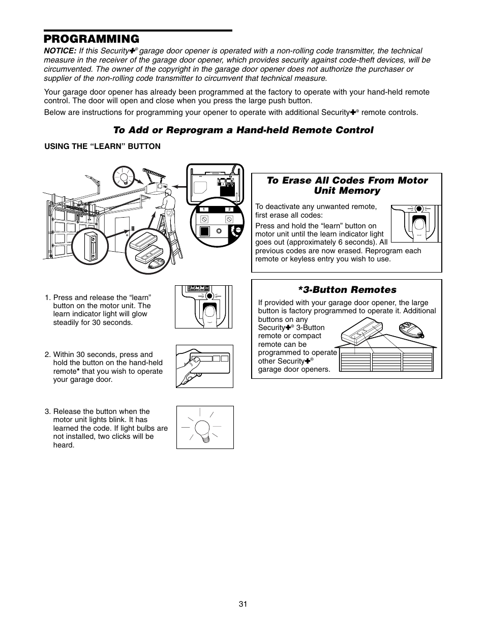 Programming, To add or reprogram hand-held remote control, Button remotes | Chamberlain 1255-2R User Manual | Page 31 / 36