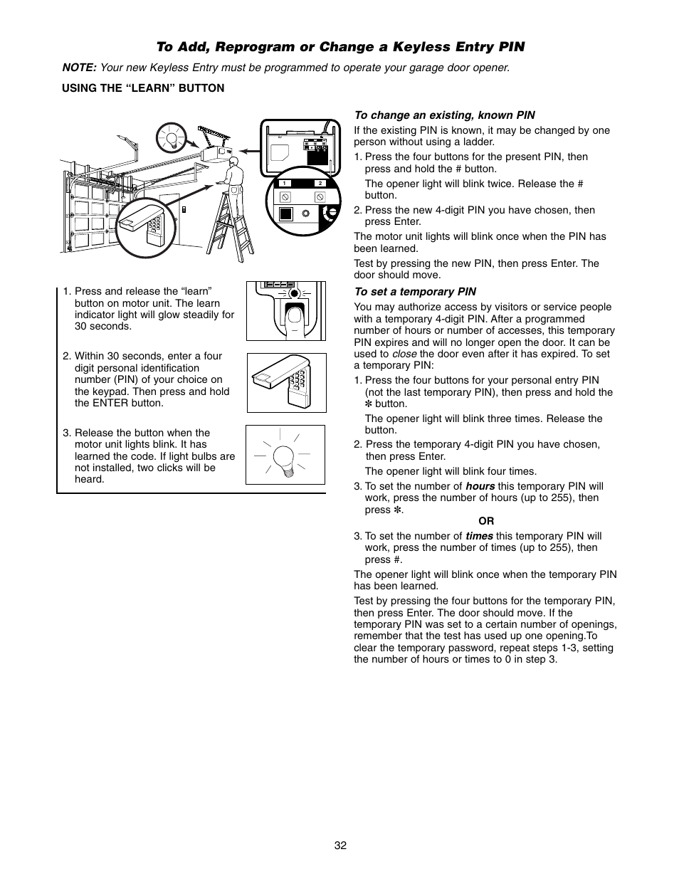 To add, reprogram or change a keyless entry pin | Chamberlain 1255-2R User Manual | Page 32 / 36