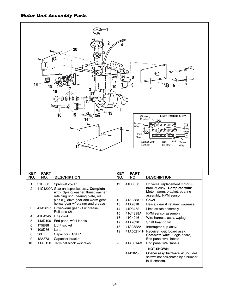 Motor unit assembly parts | Chamberlain 1255-2R User Manual | Page 34 / 36