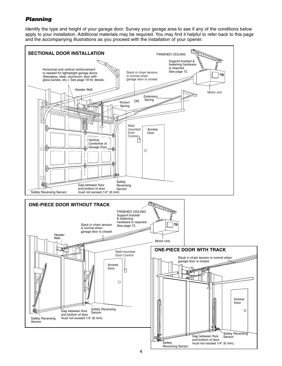 Planning, One-piece door without track 4, One-piece door with track | Chamberlain 1255-2R User Manual | Page 4 / 36