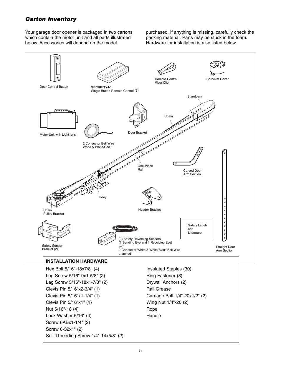 Carton inventory | Chamberlain 1255-2R User Manual | Page 5 / 36