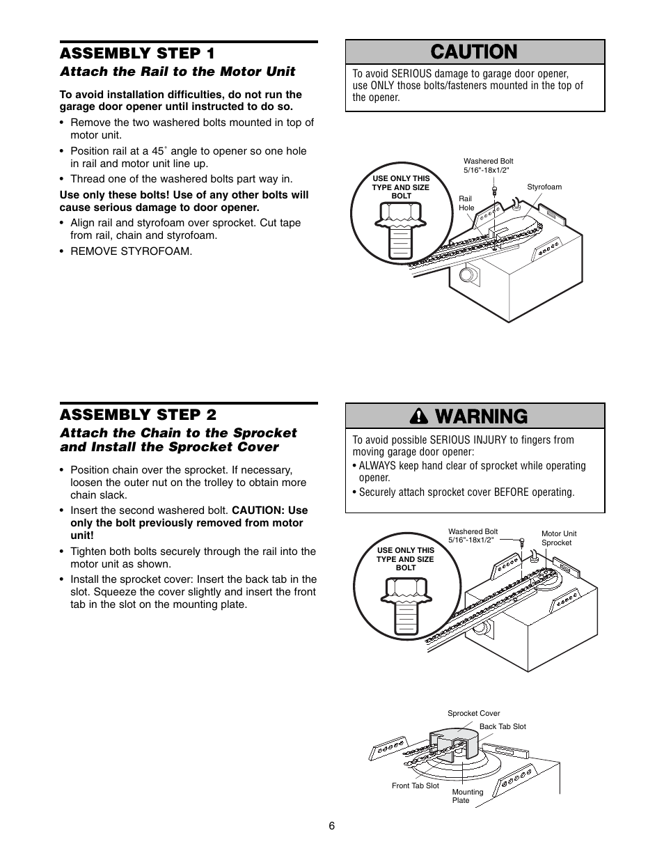 Assembly, Assembly step 1 attach the rail to the motor unit, Warning caution warning warning | Assembly step 1, Assembly step 2 | Chamberlain 1255-2R User Manual | Page 6 / 36