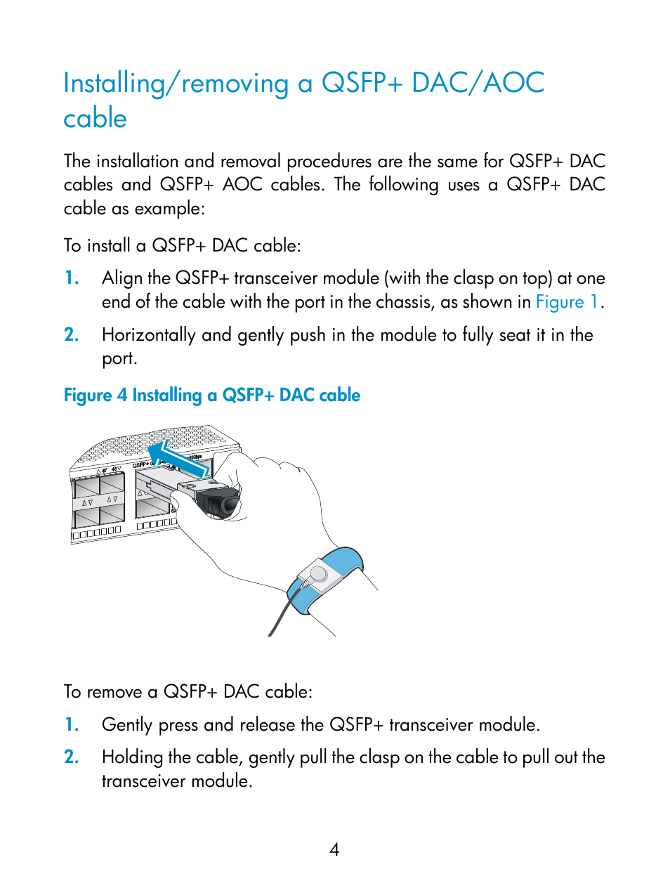 Installing/removing a qsfp+ dac/aoc cable | H3C Technologies H3C S12500 Series Switches User Manual | Page 4 / 8