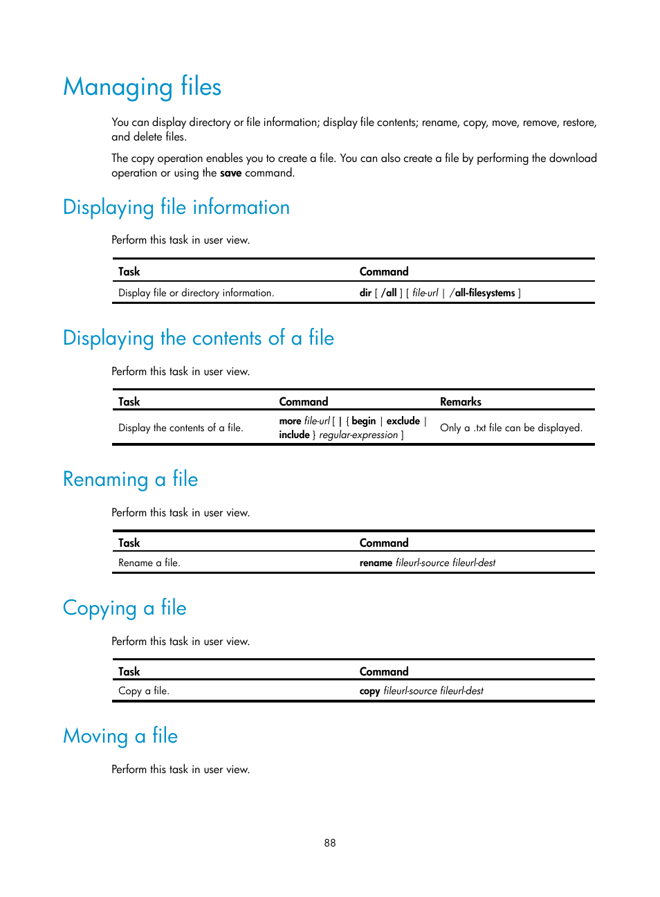 Managing files, Displaying file information, Displaying the contents of a file | Renaming a file, Copying a file, Moving a file | H3C Technologies H3C S12500 Series Switches User Manual | Page 100 / 237