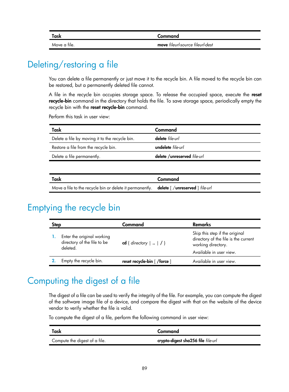 Deleting/restoring a file, Emptying the recycle bin, Computing the digest of a file | H3C Technologies H3C S12500 Series Switches User Manual | Page 101 / 237