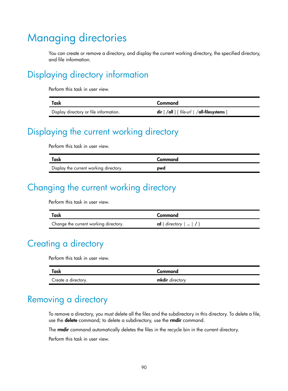 Managing directories, Displaying directory information, Displaying the current working directory | Changing the current working directory, Creating a directory, Removing a directory | H3C Technologies H3C S12500 Series Switches User Manual | Page 102 / 237