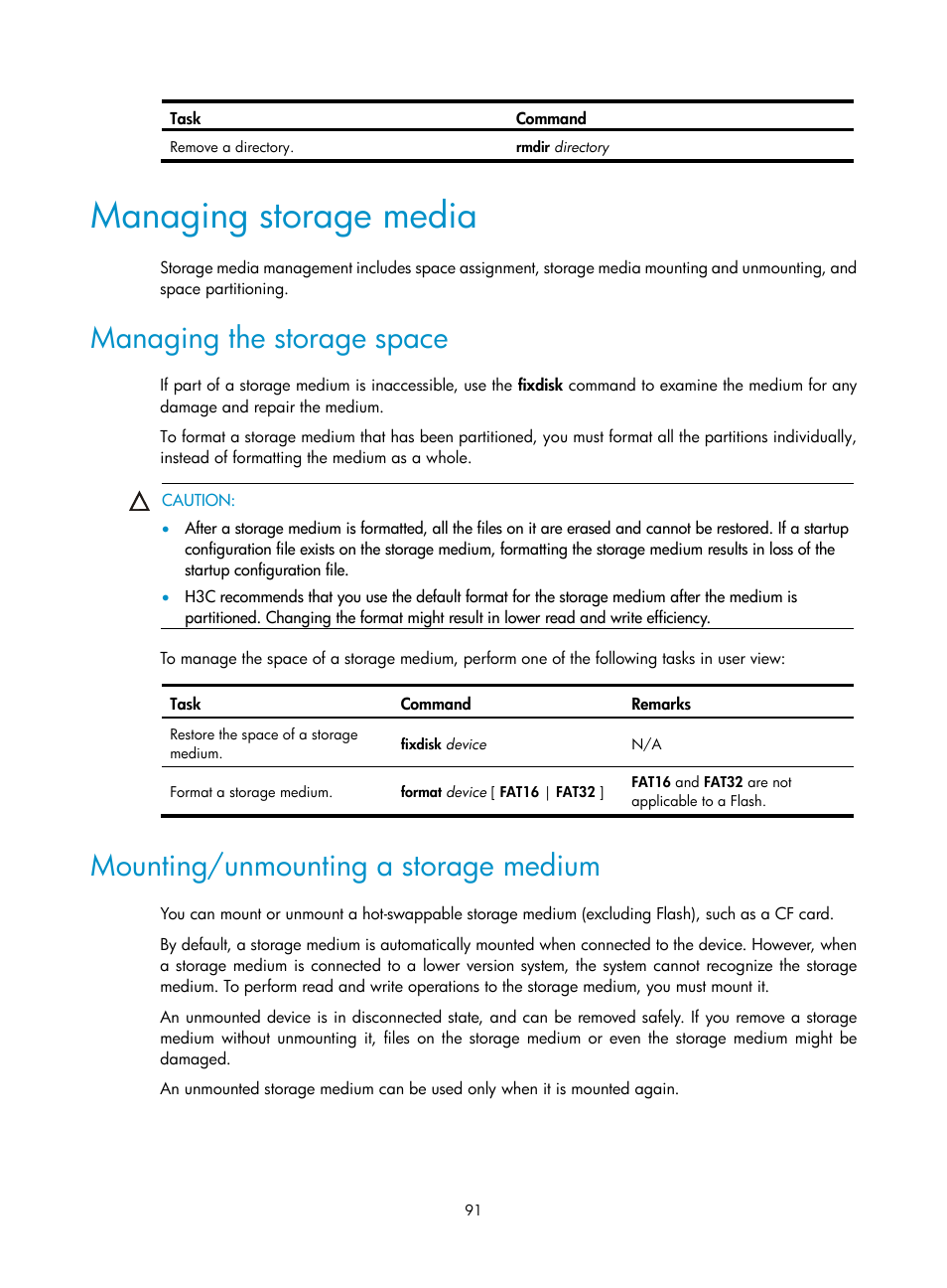 Managing storage media, Managing the storage space, Mounting/unmounting a storage medium | H3C Technologies H3C S12500 Series Switches User Manual | Page 103 / 237