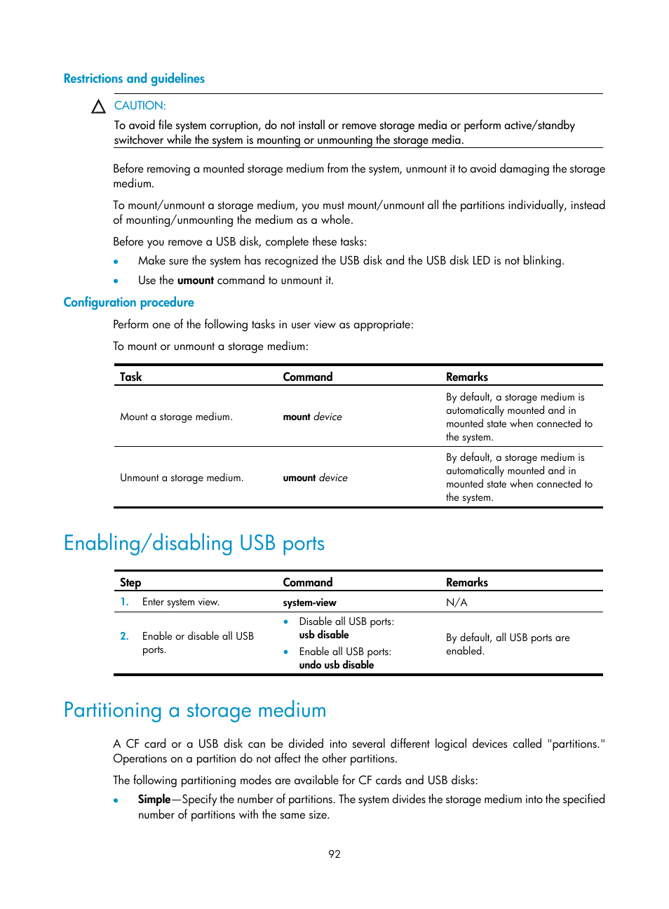 Restrictions and guidelines, Configuration procedure, Enabling/disabling usb ports | Partitioning a storage medium | H3C Technologies H3C S12500 Series Switches User Manual | Page 104 / 237