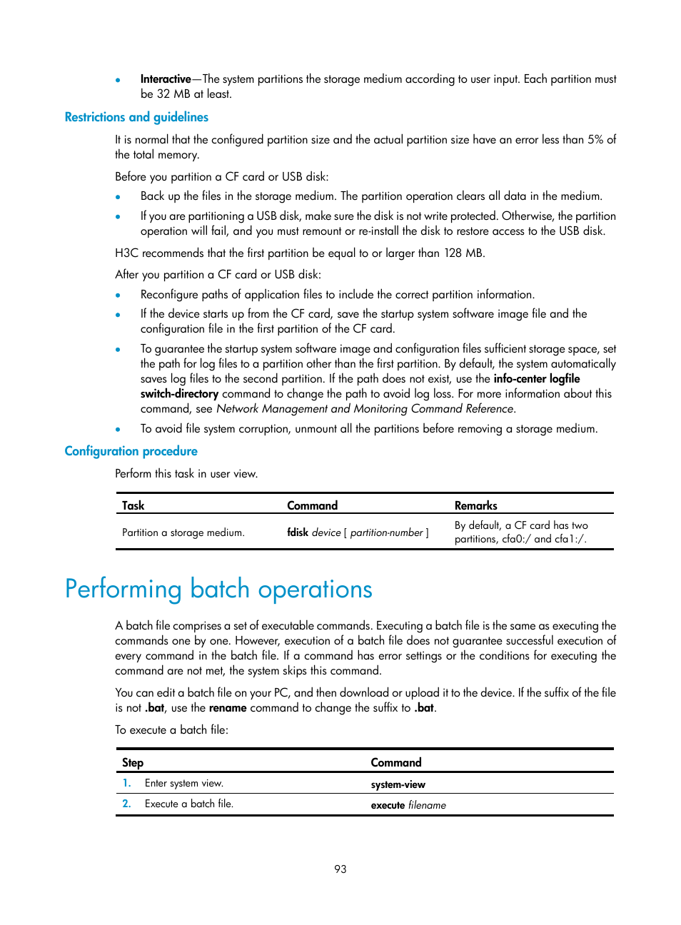 Restrictions and guidelines, Configuration procedure, Performing batch operations | H3C Technologies H3C S12500 Series Switches User Manual | Page 105 / 237