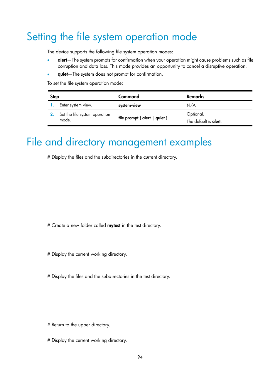 Setting the file system operation mode, File and directory management examples | H3C Technologies H3C S12500 Series Switches User Manual | Page 106 / 237