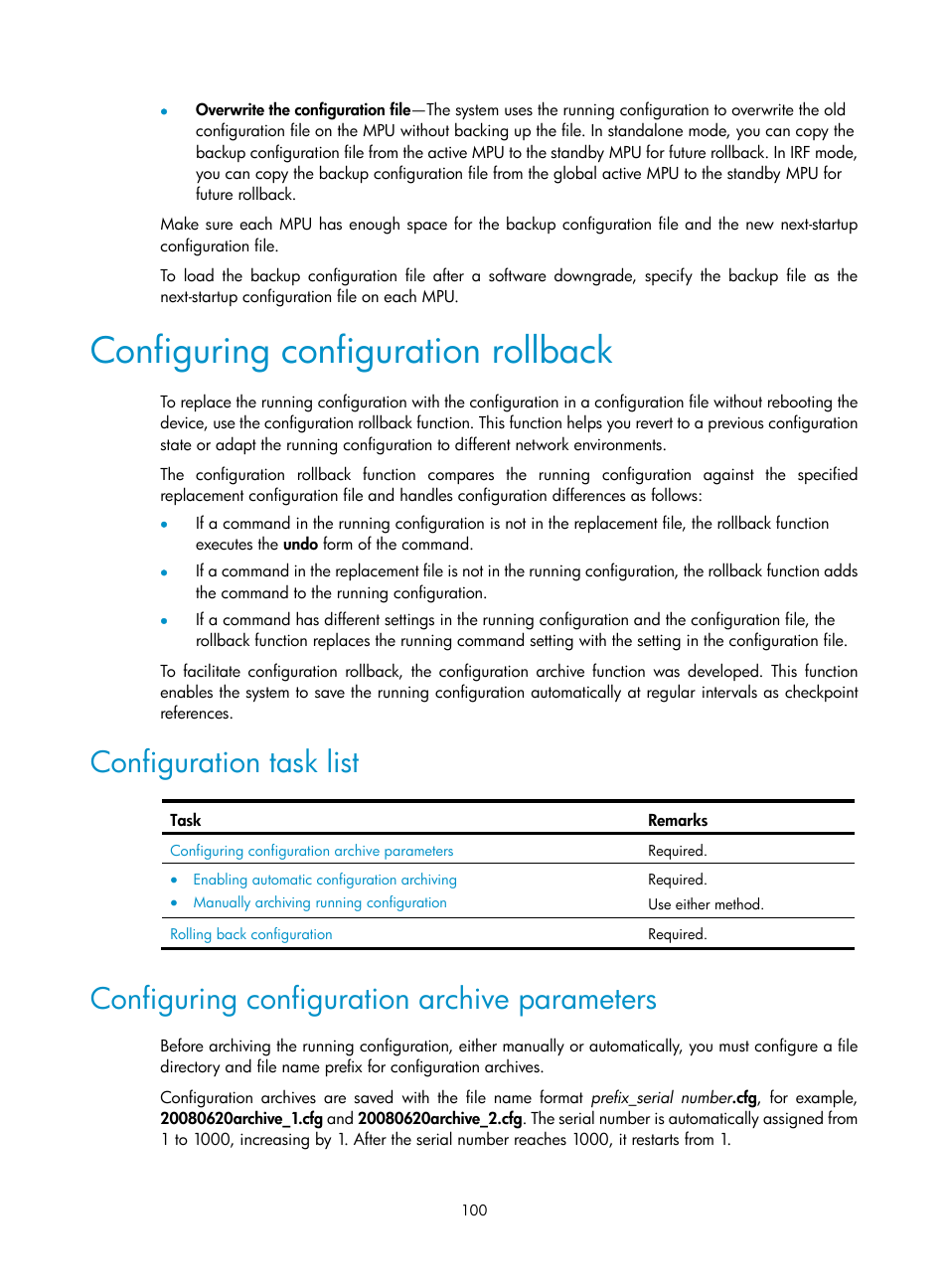 Configuring configuration rollback, Configuration task list, Configuring configuration archive parameters | H3C Technologies H3C S12500 Series Switches User Manual | Page 112 / 237