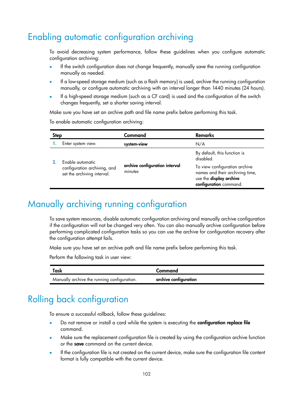 Enabling automatic configuration archiving, Manually archiving running configuration, Rolling back configuration | H3C Technologies H3C S12500 Series Switches User Manual | Page 114 / 237