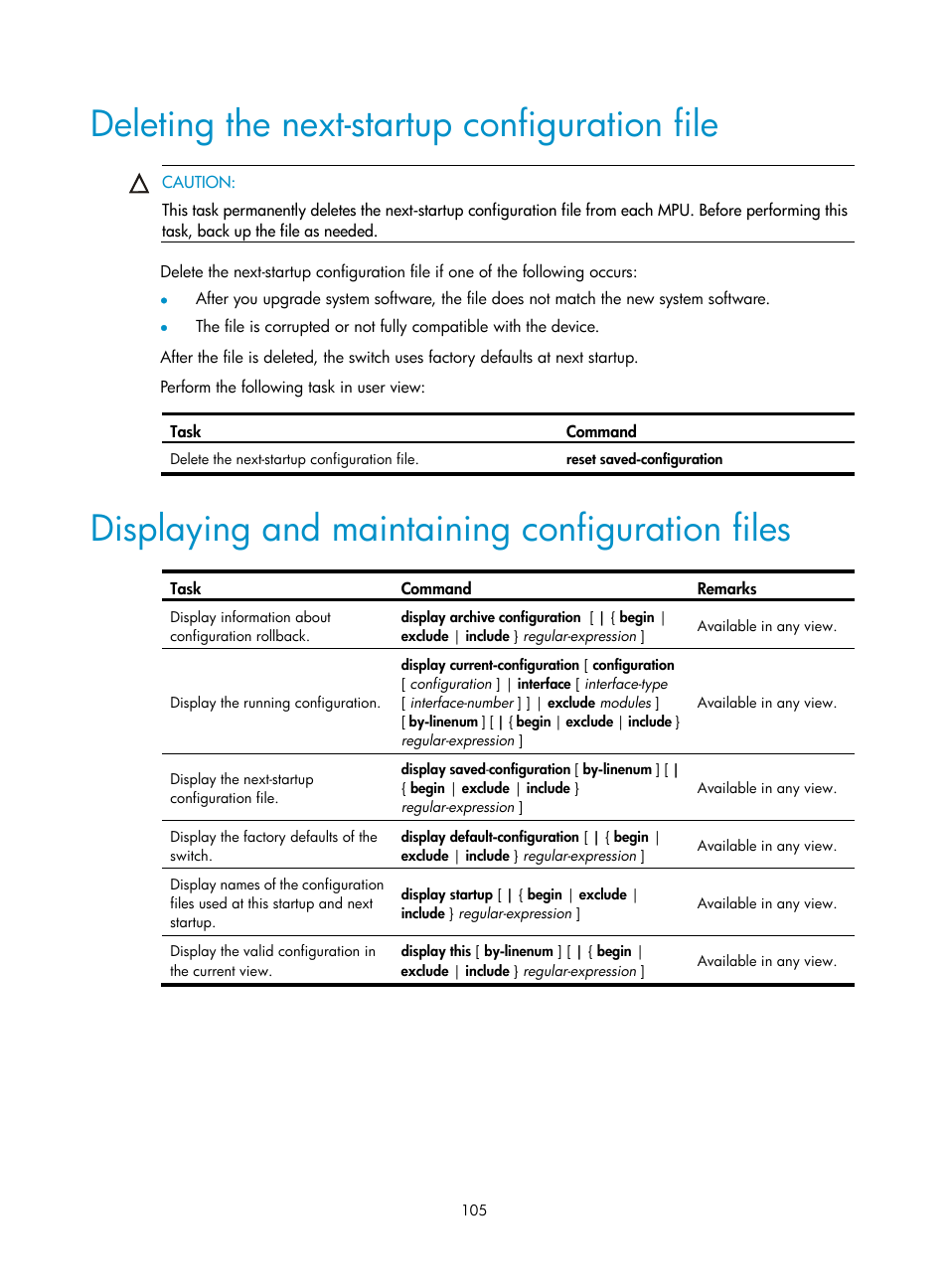 Deleting the next-startup configuration file, Displaying and maintaining configuration files | H3C Technologies H3C S12500 Series Switches User Manual | Page 117 / 237