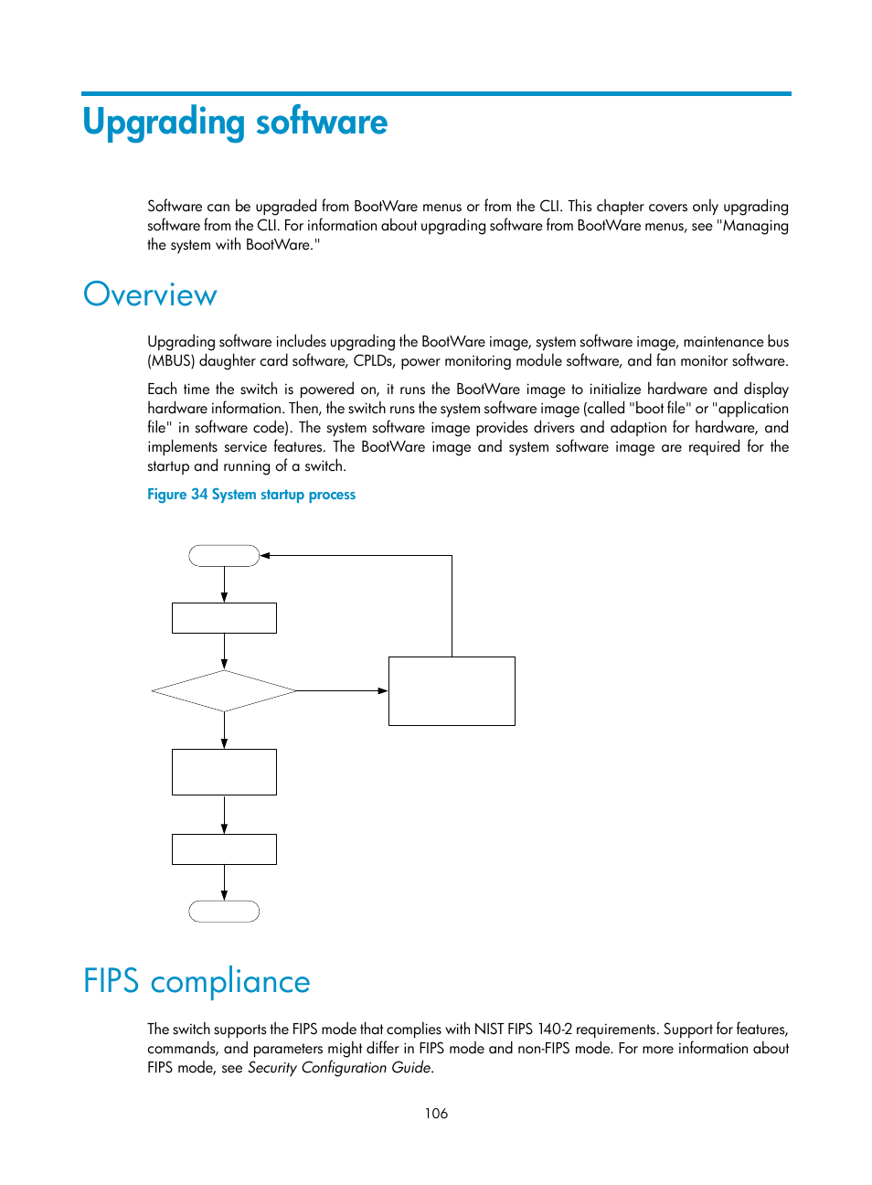 Upgrading software, Overview, Fips compliance | H3C Technologies H3C S12500 Series Switches User Manual | Page 118 / 237