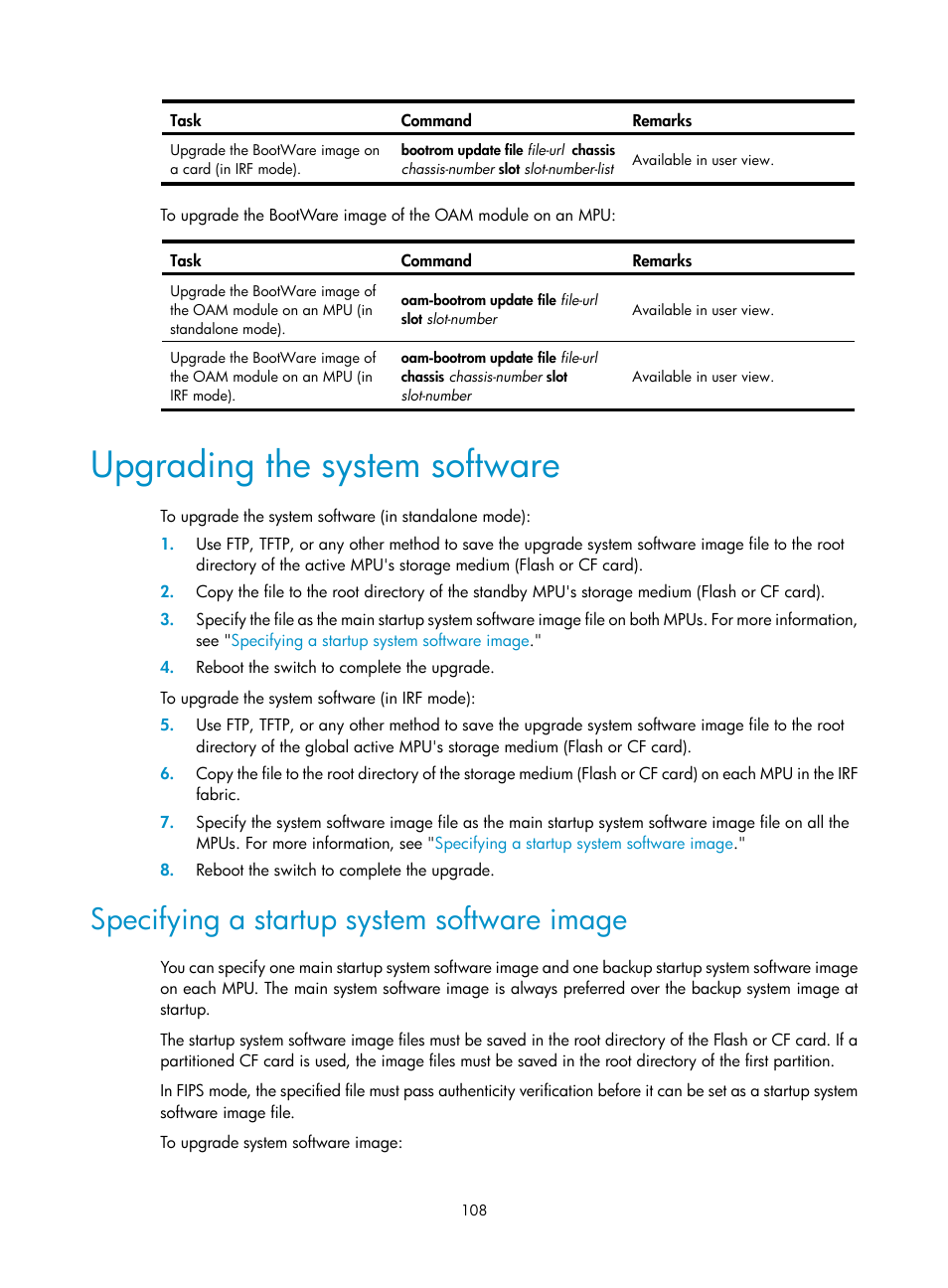Upgrading the system software, Specifying a startup system software image | H3C Technologies H3C S12500 Series Switches User Manual | Page 120 / 237