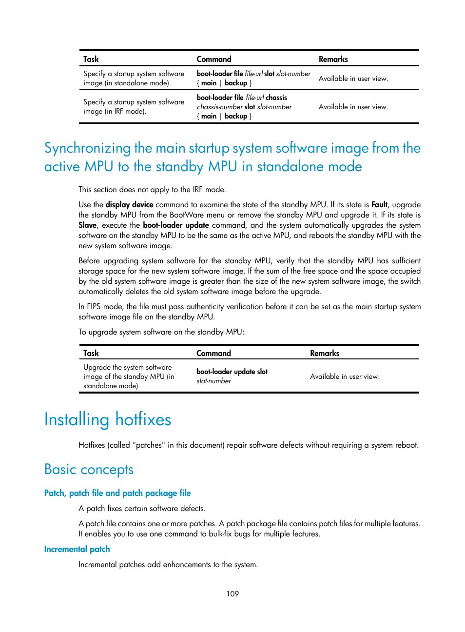 Installing hotfixes, Basic concepts, Patch, patch file and patch package file | Incremental patch | H3C Technologies H3C S12500 Series Switches User Manual | Page 121 / 237