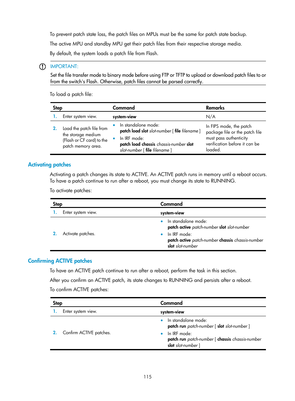Activating patches, Confirming active patches | H3C Technologies H3C S12500 Series Switches User Manual | Page 127 / 237