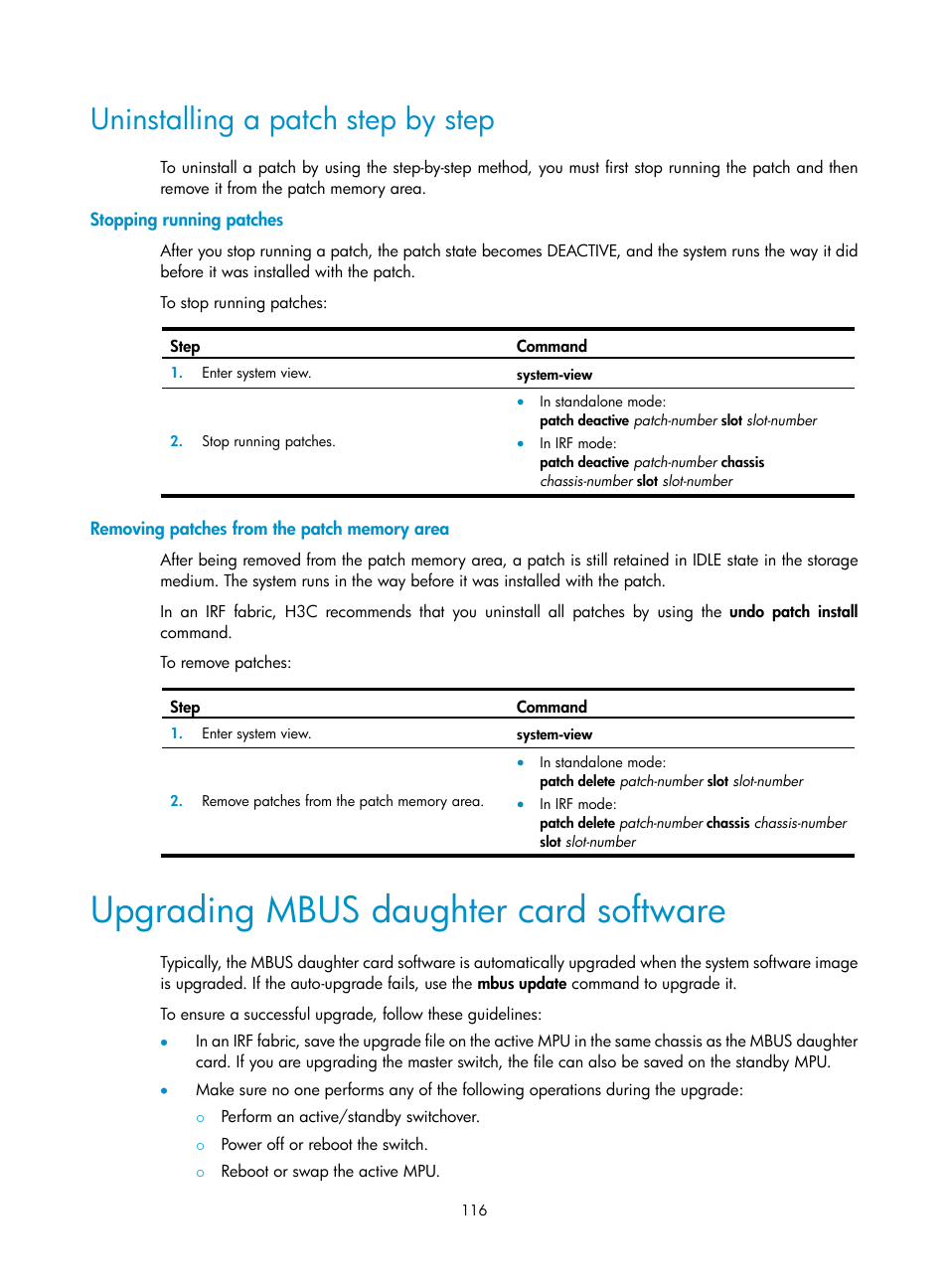 Uninstalling a patch step by step, Stopping running patches, Removing patches from the patch memory area | Upgrading mbus daughter card software | H3C Technologies H3C S12500 Series Switches User Manual | Page 128 / 237