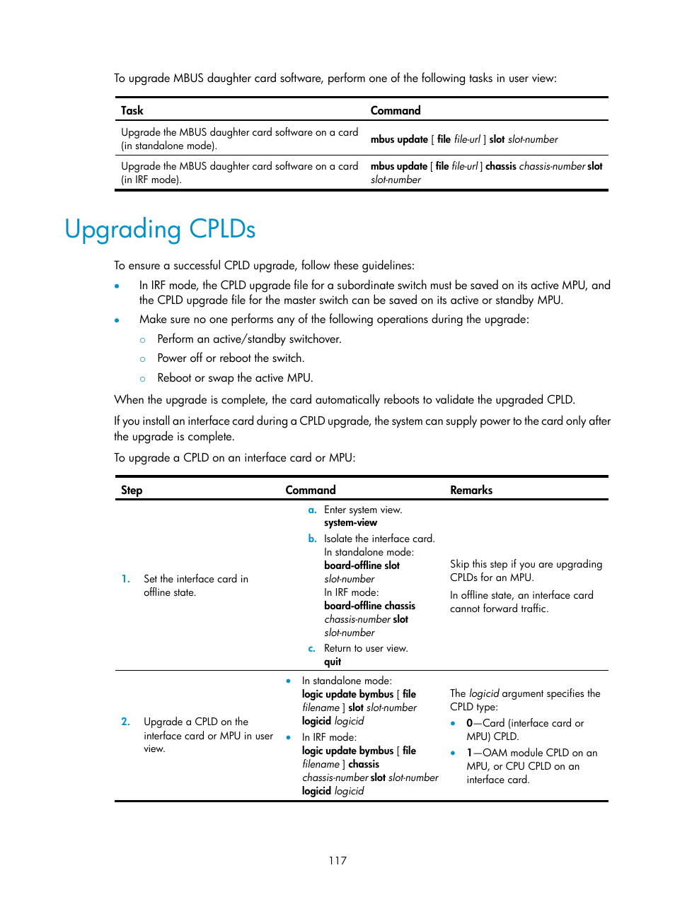 Upgrading cplds | H3C Technologies H3C S12500 Series Switches User Manual | Page 129 / 237