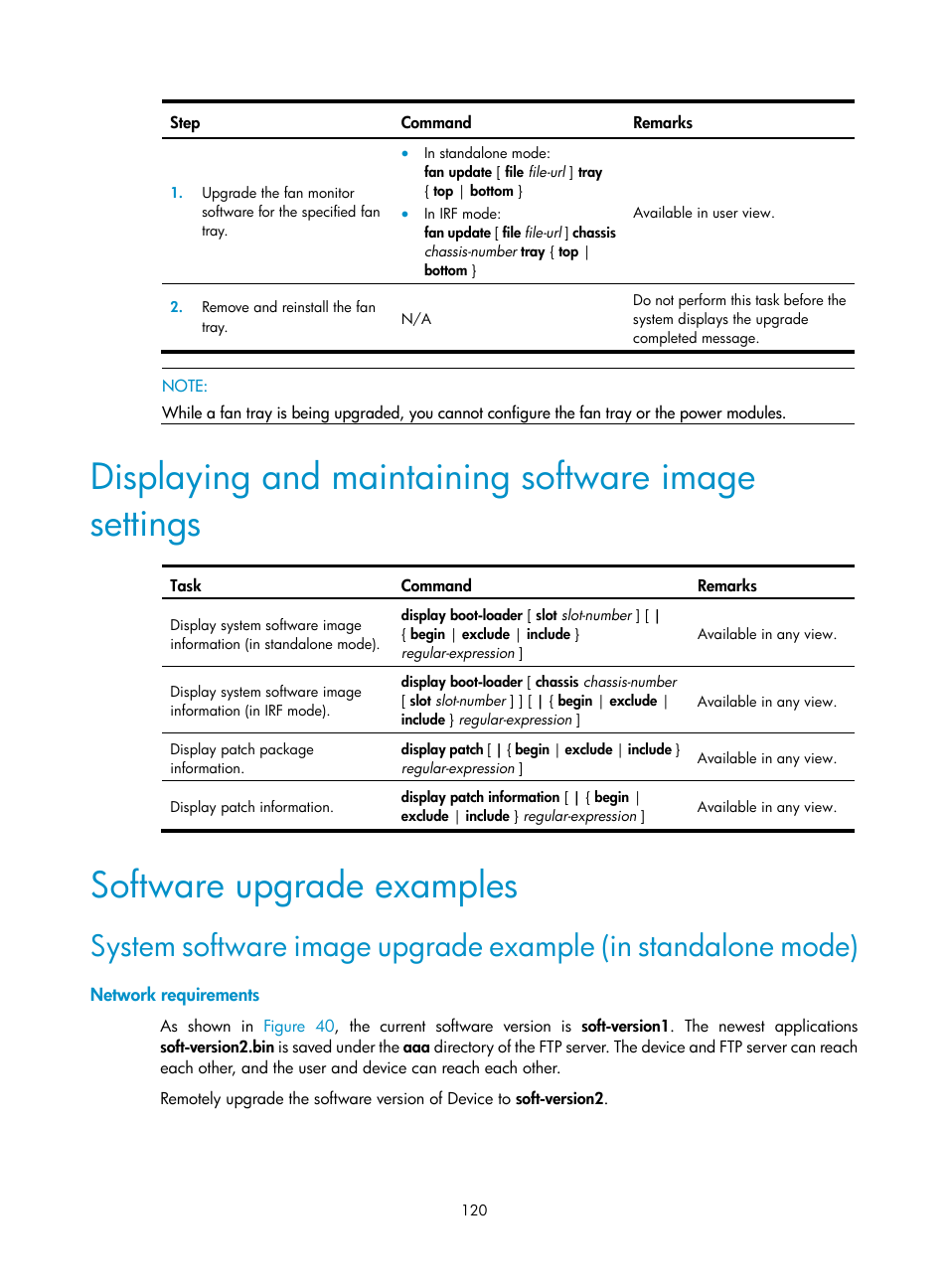 Displaying and maintaining software image settings, Software upgrade examples, Network requirements | H3C Technologies H3C S12500 Series Switches User Manual | Page 132 / 237