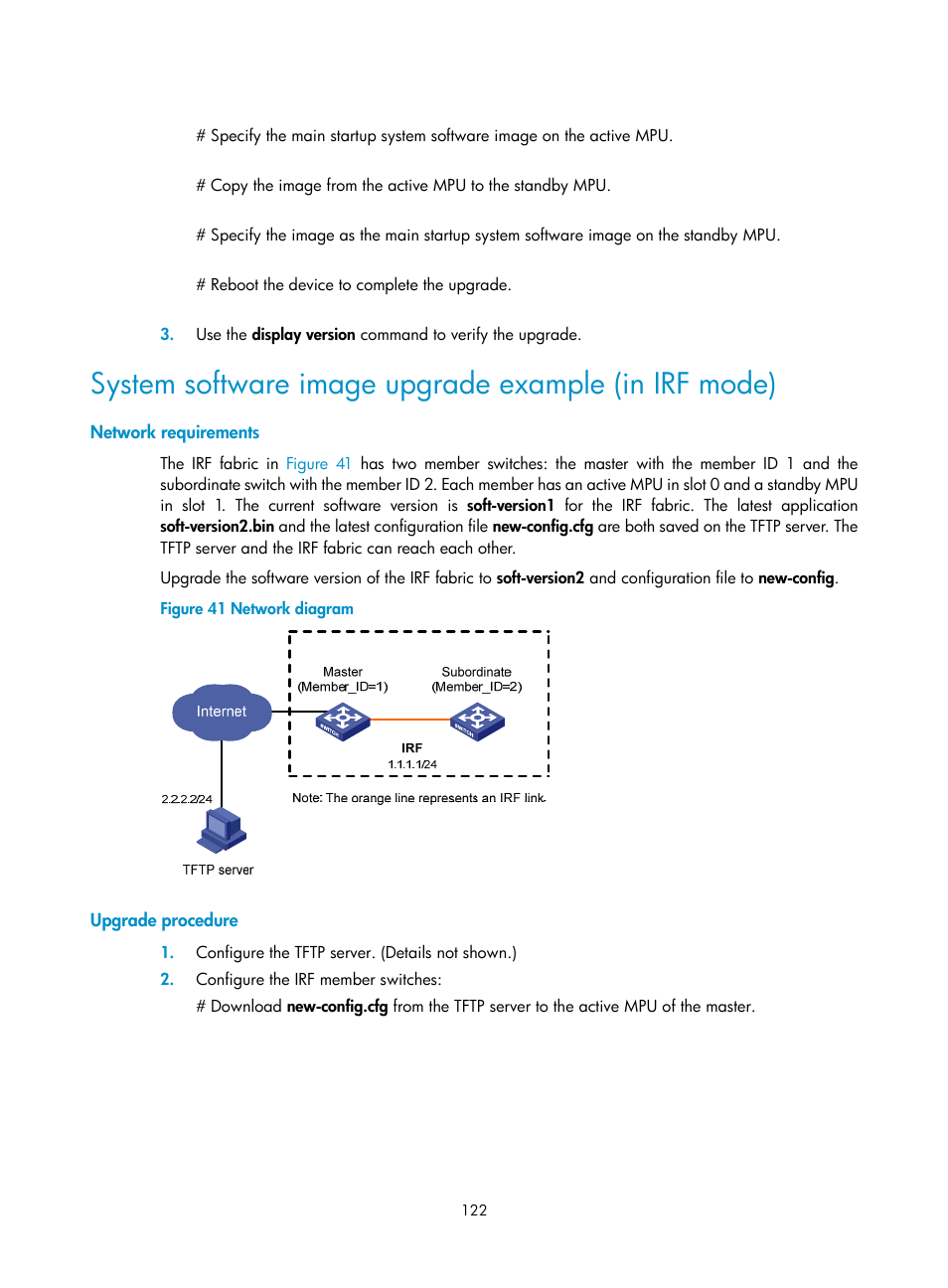 Network requirements, Upgrade procedure | H3C Technologies H3C S12500 Series Switches User Manual | Page 134 / 237