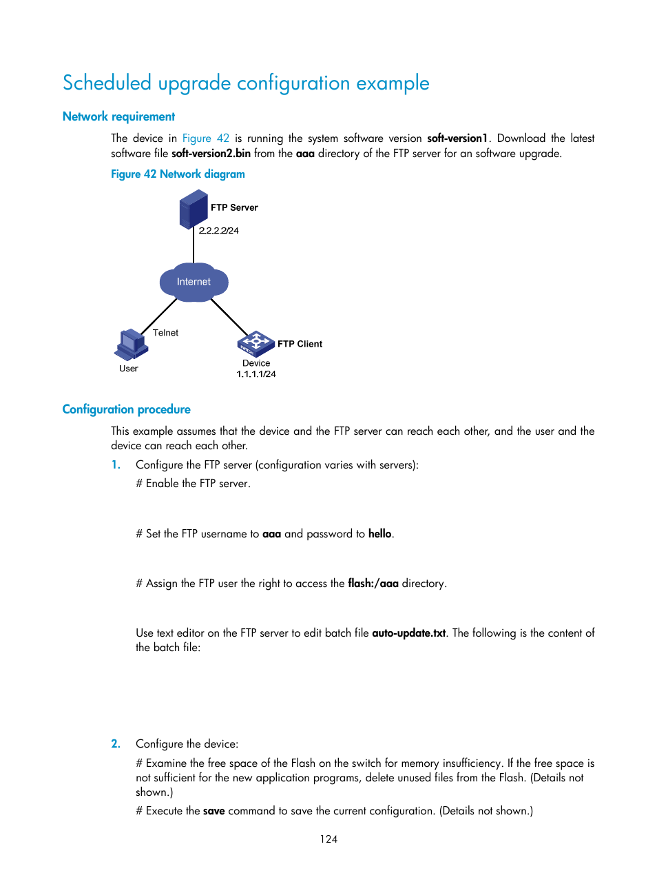 Scheduled upgrade configuration example, Network requirement, Configuration procedure | H3C Technologies H3C S12500 Series Switches User Manual | Page 136 / 237