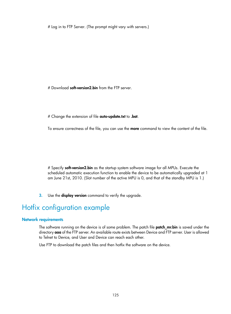 Hotfix configuration example, Network requirements | H3C Technologies H3C S12500 Series Switches User Manual | Page 137 / 237