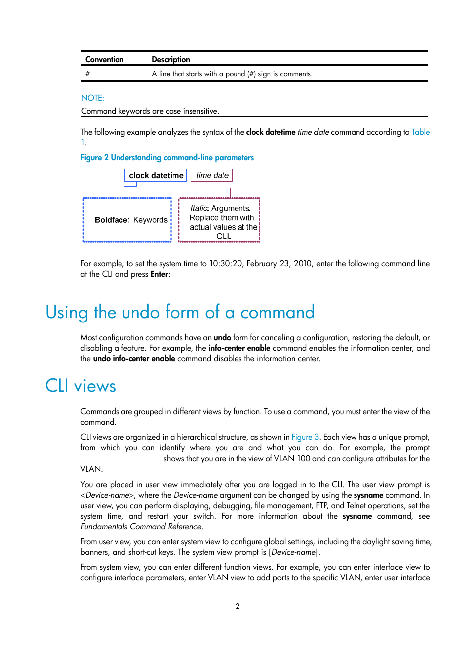 Using the undo form of a command, Cli views | H3C Technologies H3C S12500 Series Switches User Manual | Page 14 / 237