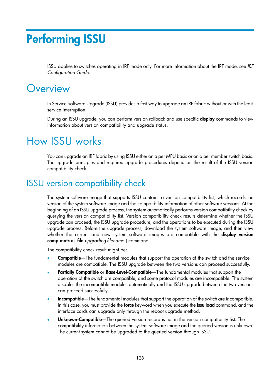 Performing issu, Overview, How issu works | Issu version compatibility check | H3C Technologies H3C S12500 Series Switches User Manual | Page 140 / 237
