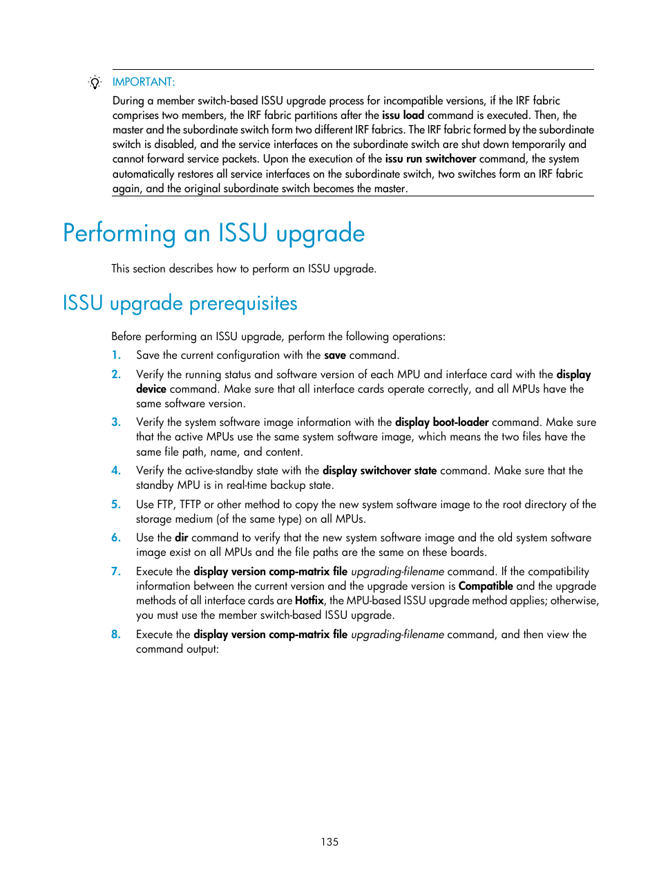 Performing an issu upgrade, Issu upgrade prerequisites | H3C Technologies H3C S12500 Series Switches User Manual | Page 147 / 237